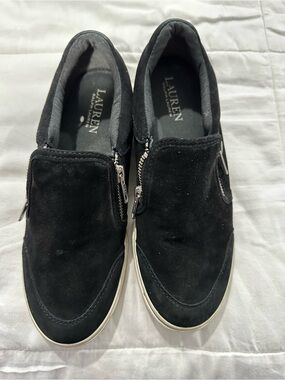 Lauren Ralph Lauren Black Suede Slip-On Loafers with Silver Zippers